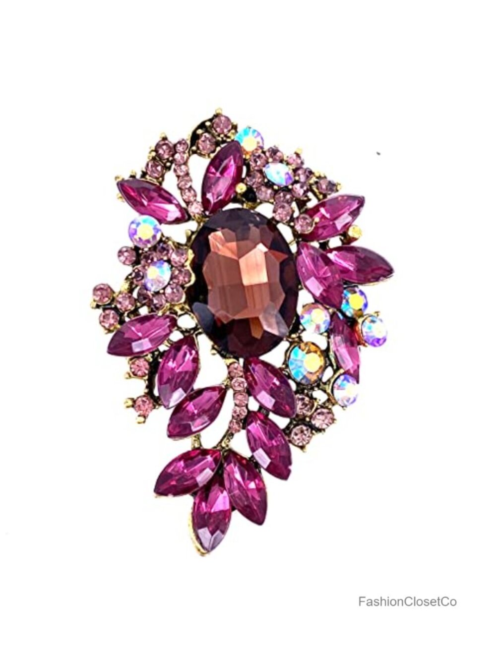 Vintage Sparkly Austrian Crystal Flower Brooch Pin Gold Tone Women